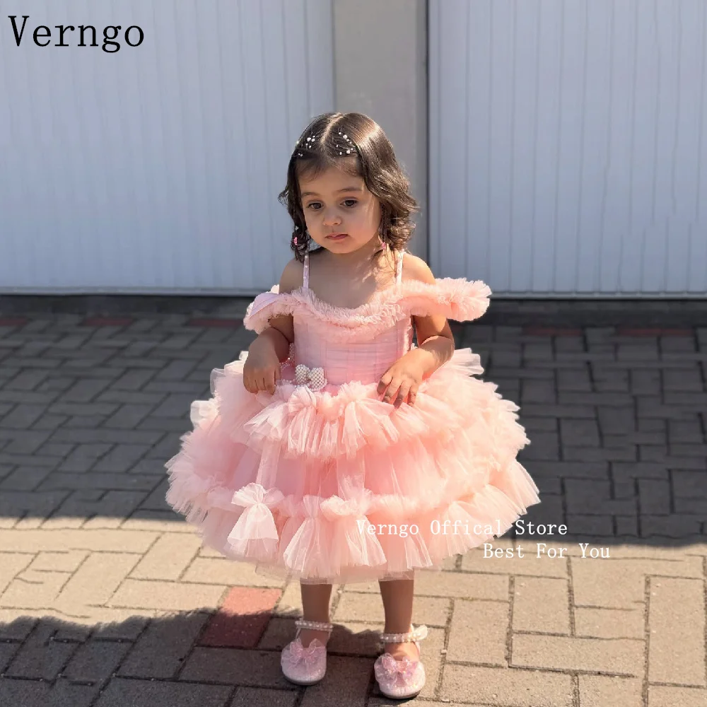 Verngo Cute Pink Tulle Girl Birthday Party Dress Off The Shoulder Ball Gown Princess Wedding Prom Kid Party Dress Customized