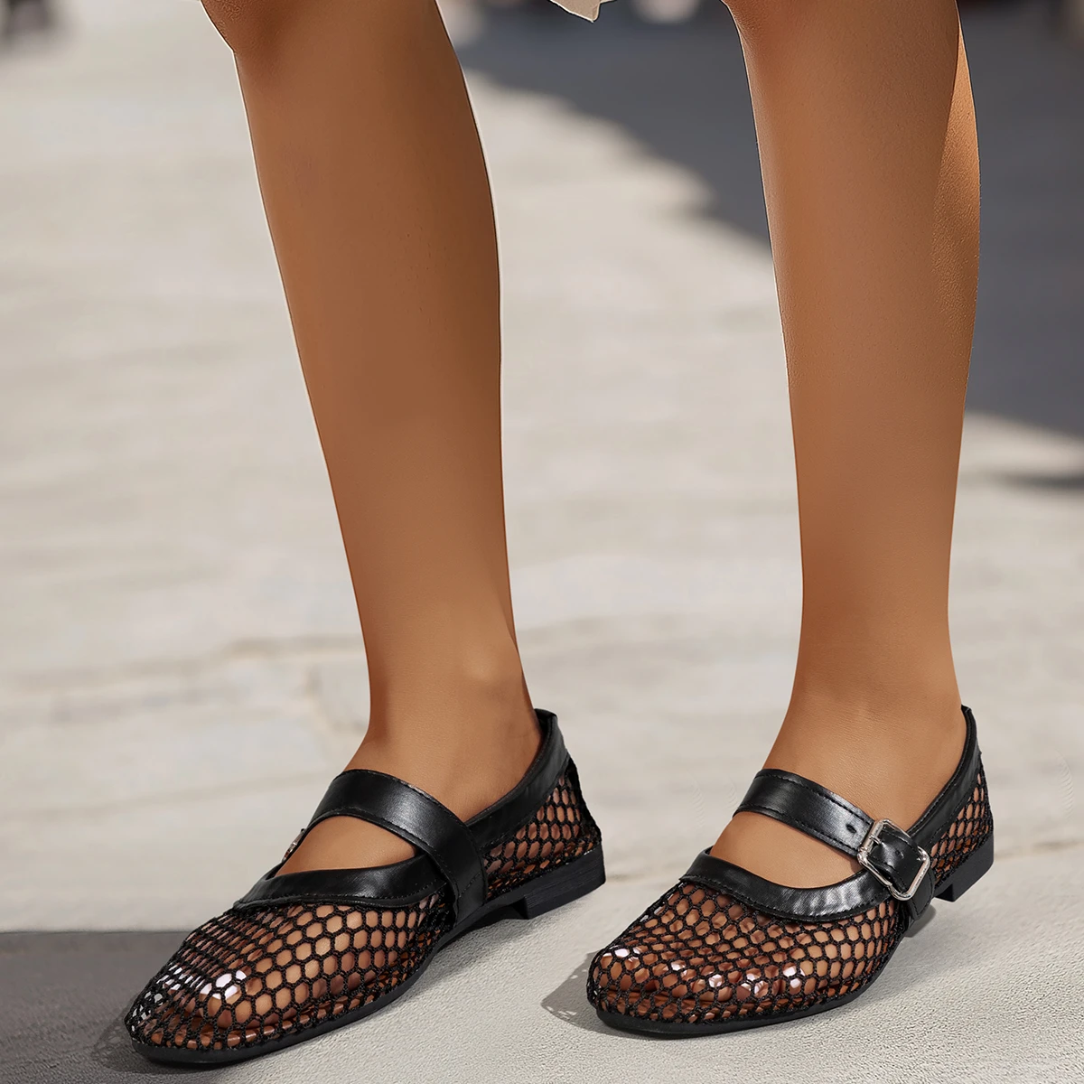 2026 New Women's Solid Color Mesh Breathable Ballet Flats Summer Buckle Large Size Comfortable Round Toe Shallow Mouth Shoes