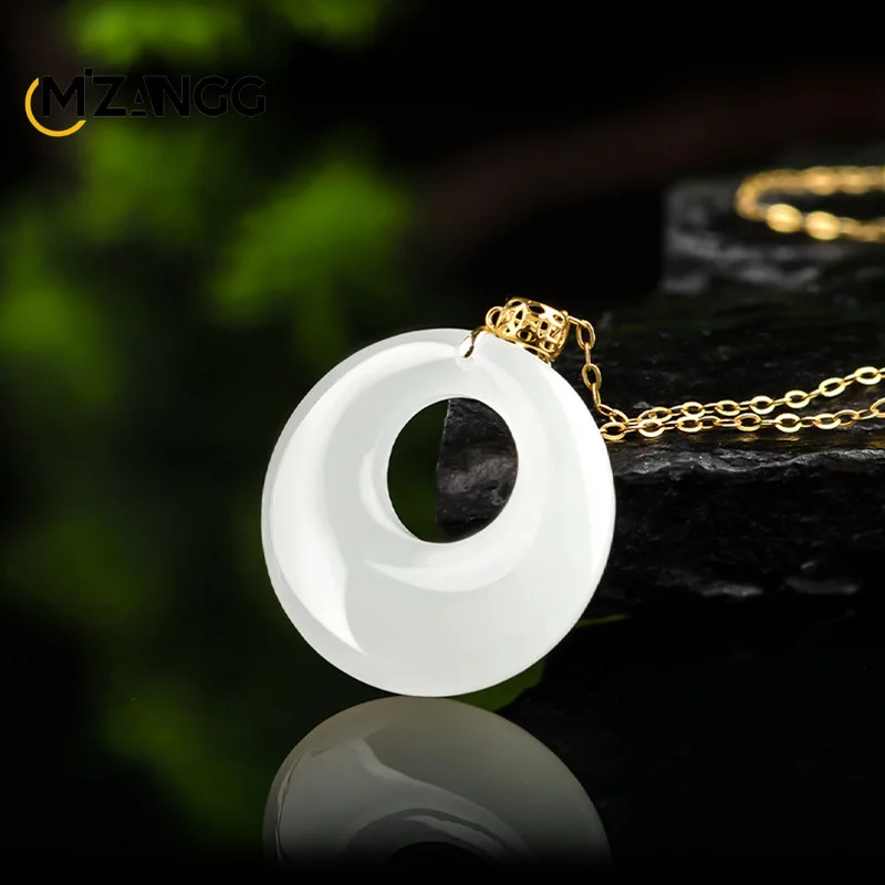 Natural Hetian White Jade Peace Buckle Pendant 18K Gold Inlaid Jade Simple Fashion Necklace Men and Women Lucky Amulet Gifts