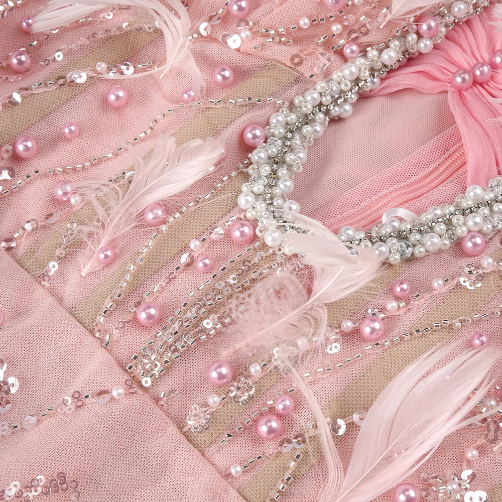 Elegante abito da sera con perline rosa con spalle gonfie e dettagli ritagliati – Abito lungo formale di lusso per donna Vestido