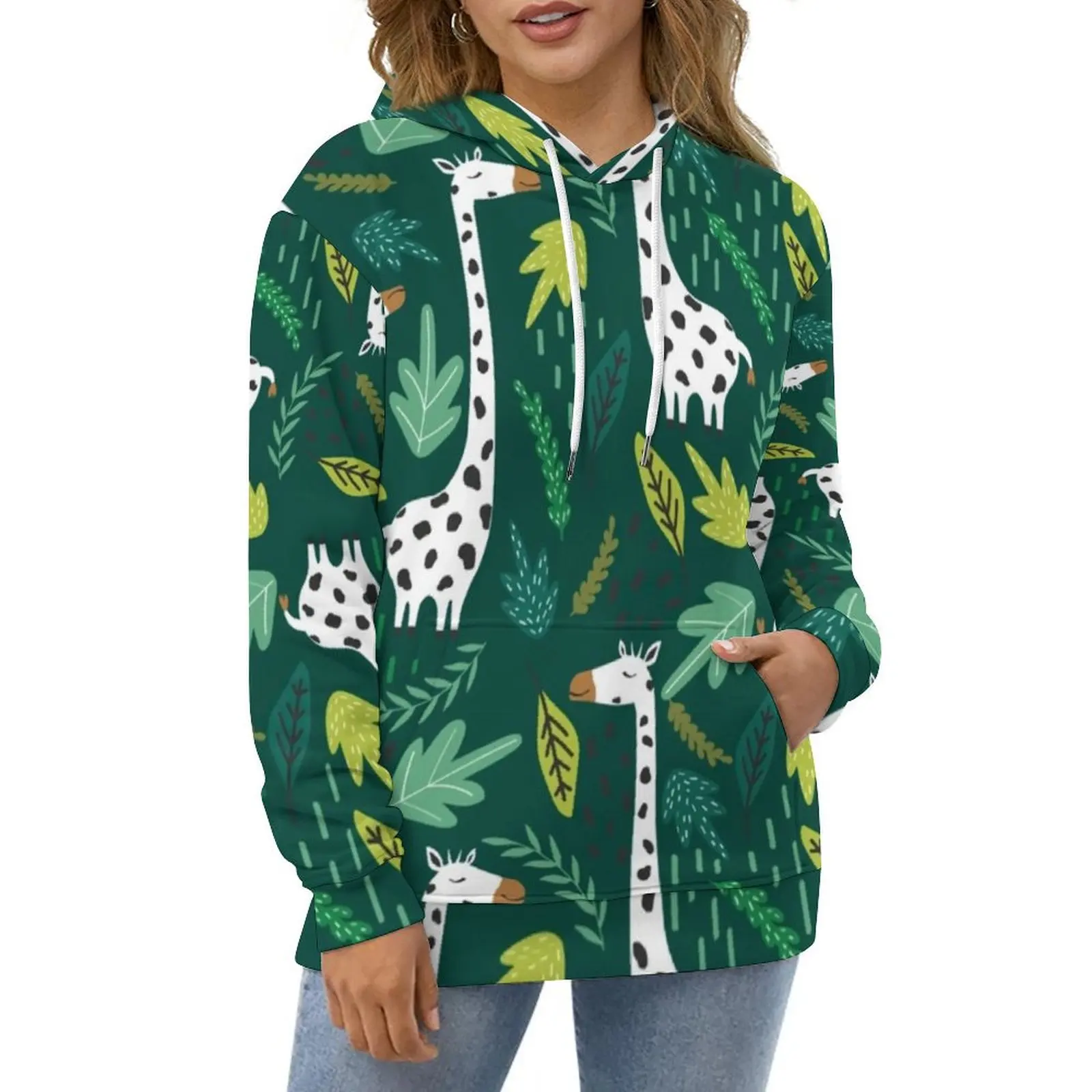 

White Giraffe Hoodies Long-Sleeve Green Leaves Print Trendy Casual Hoodie Winter Street Wear Oversize Custom Loose Sweatshirts