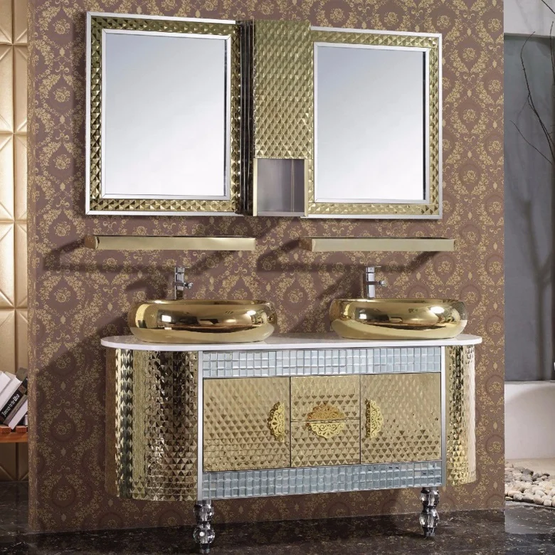 Luxury Golden Floor Standing Mirror Cabinets Single Sink Stainless Steel Bathroom Vanities