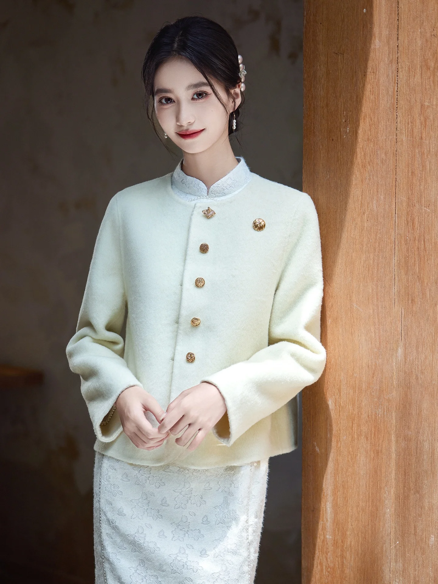 

Двустороннее шерстяное пальто-кимоно для женщин, свадебное, с юбкой, твидовая верхняя одежда, осенняя элегантность, высококачественное...