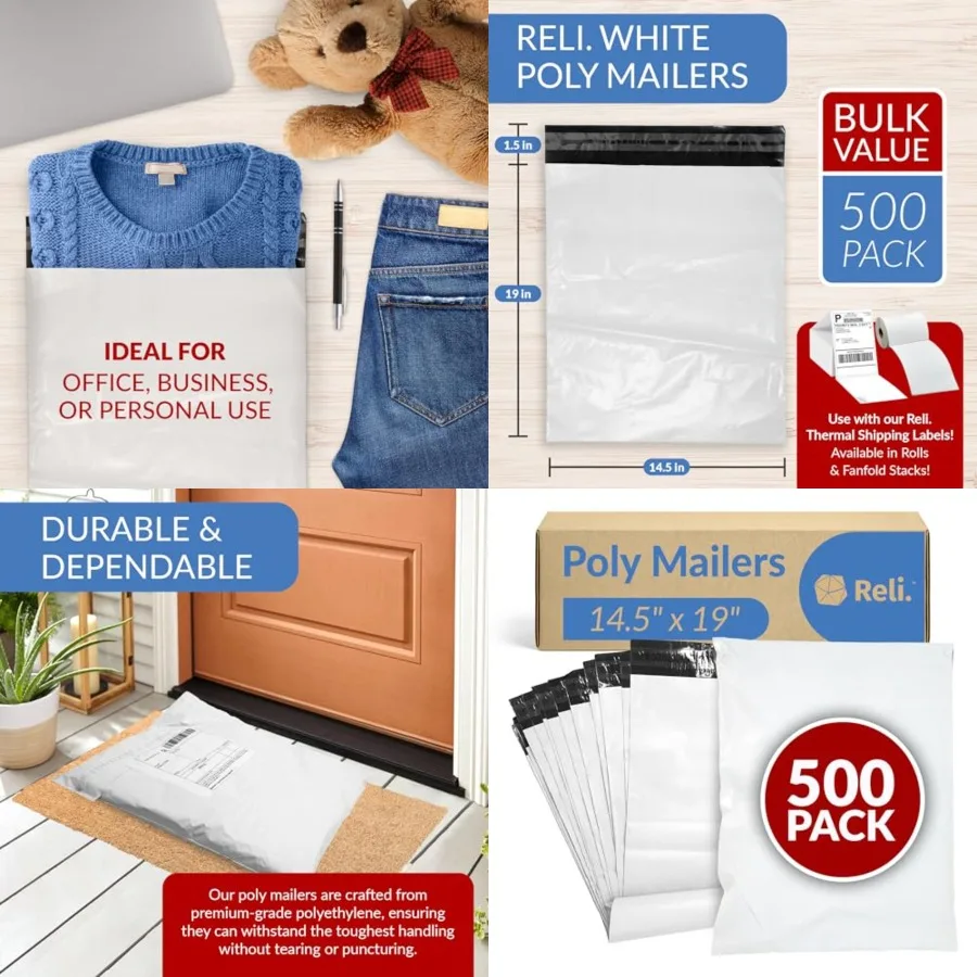 

Poly Mailers 14.5x19 500 Pcs Bulk Shipping Bags/Shipping Envelopes White Packaging Bags for Shipping Non-Padded Polymailers, Se