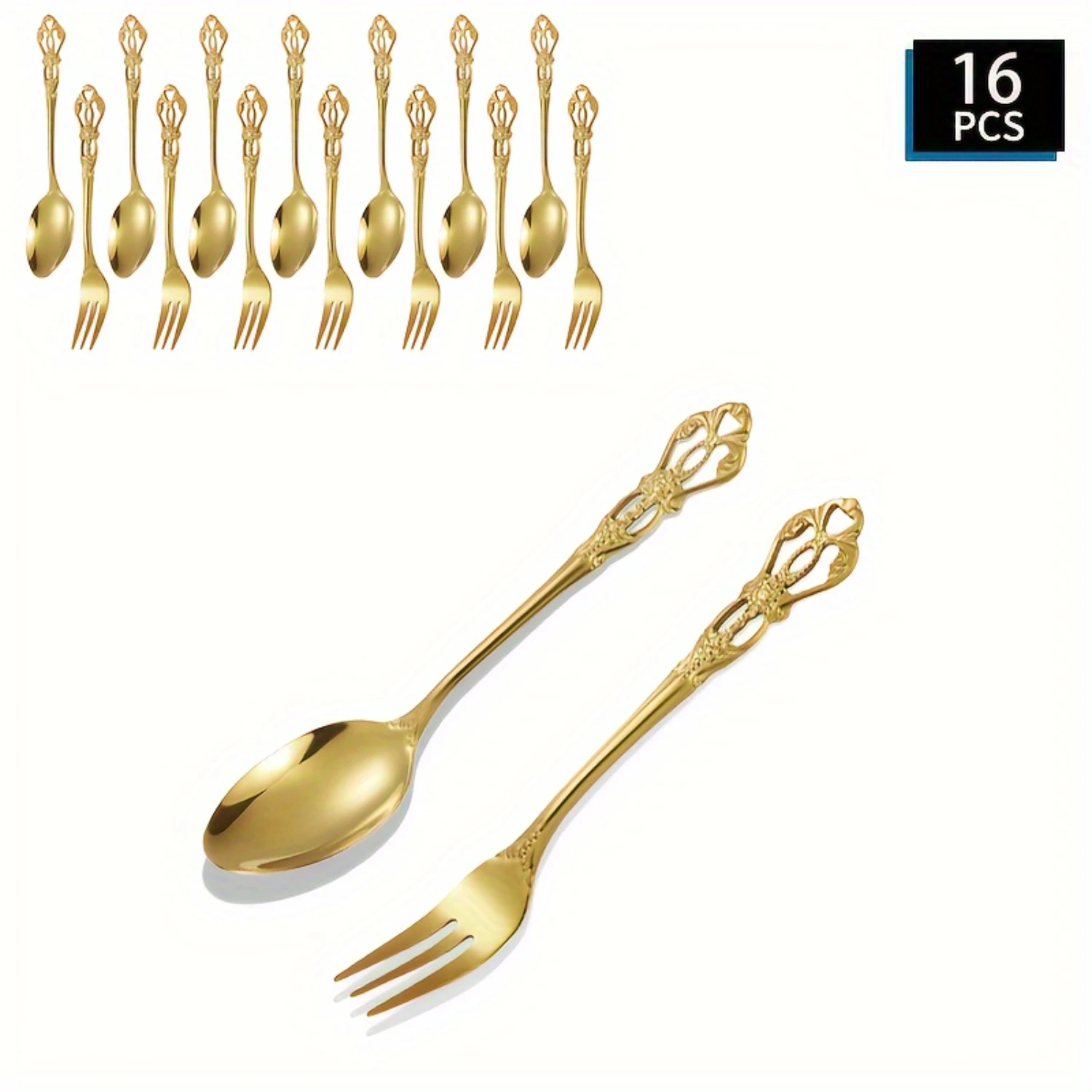 8/16pcs, Vintage Royal Stainless Steel Cutlery Set, Silvery & Golden Embossed Dessert Spoons And Fruit Forks, Creative Mixing Sp