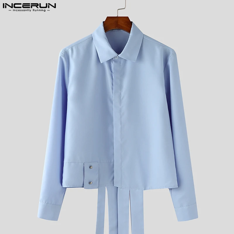 INCERUN Men Deconstruction Design Shirts Handsome Long Sleeve Chemise Solid Color Handsome Tops Lapel Collar Open Up Shirts