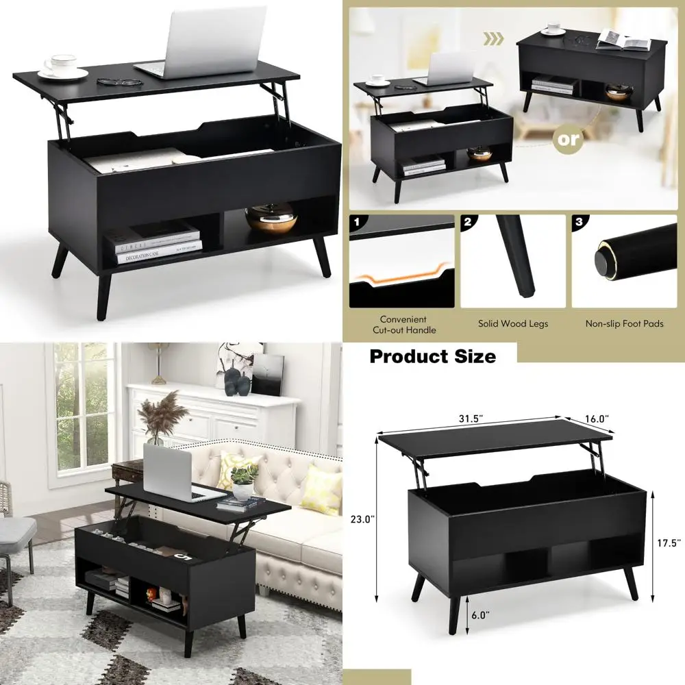 

современный журнальный столик с подъемной столешницей со скрытым хранилищем и двумя открытыми полками, деревянный материал ПУ