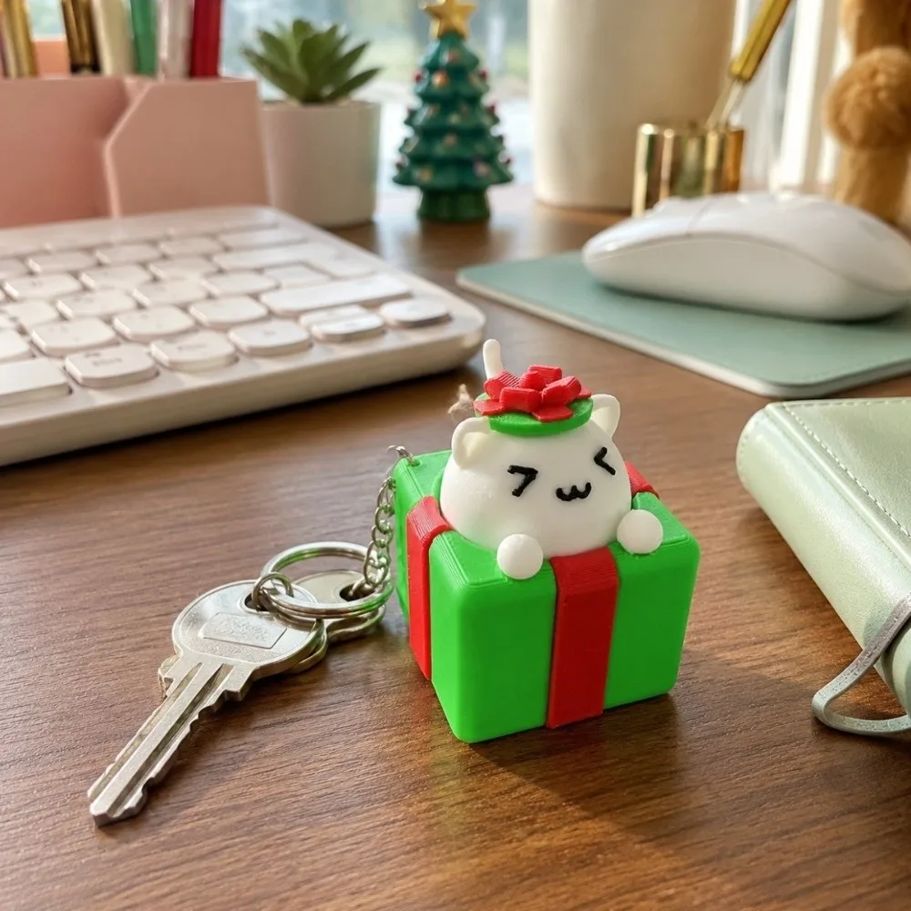 3D Printed Christmas Clicker Keychain Cute Cat Button Press Key Ring Gift Box Shape Kawaii Style Fidget Bag Cat Keychain