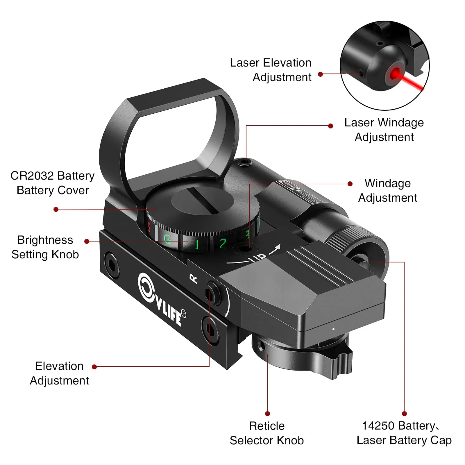 MidTen 1X22X33 Reflex Sight Red Dot Sight Red Green 4 Reticle Optical с лазером и прижимным переключателем для 20-мм рельса