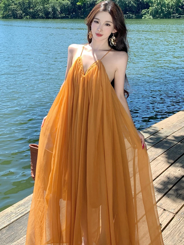 Sukienka damska vintage boho szyfonowa luźna letnia seksowna bez pleców elegancka wakacyjna plażowa codzienna