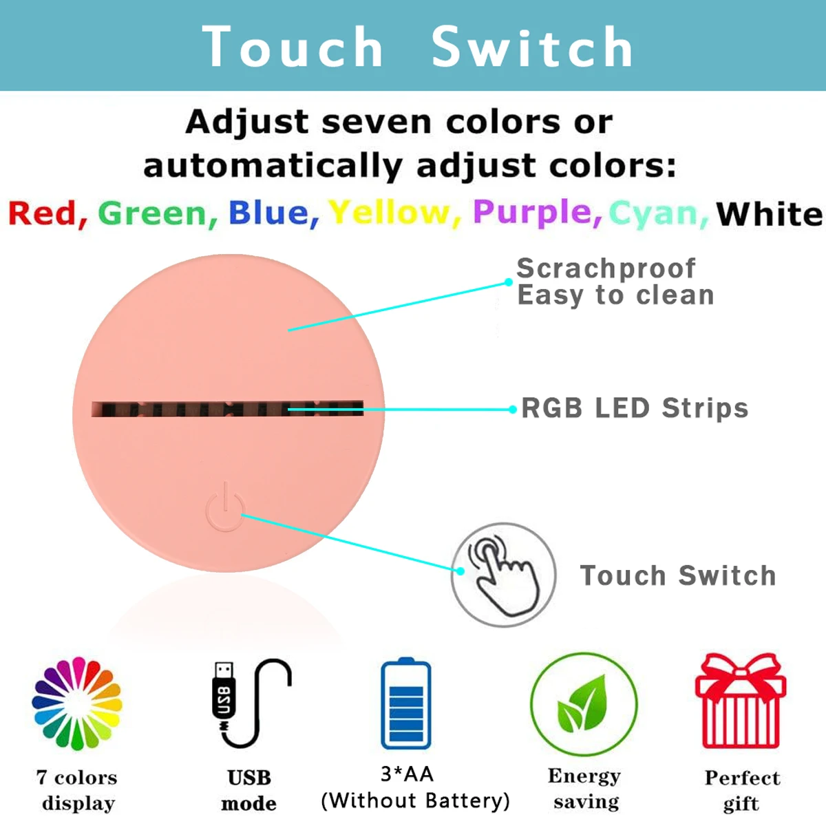 USB touch RGB 7 color night light, pink butterfly 3D night light, suitable for bedroom rooms, gift atmosphere light