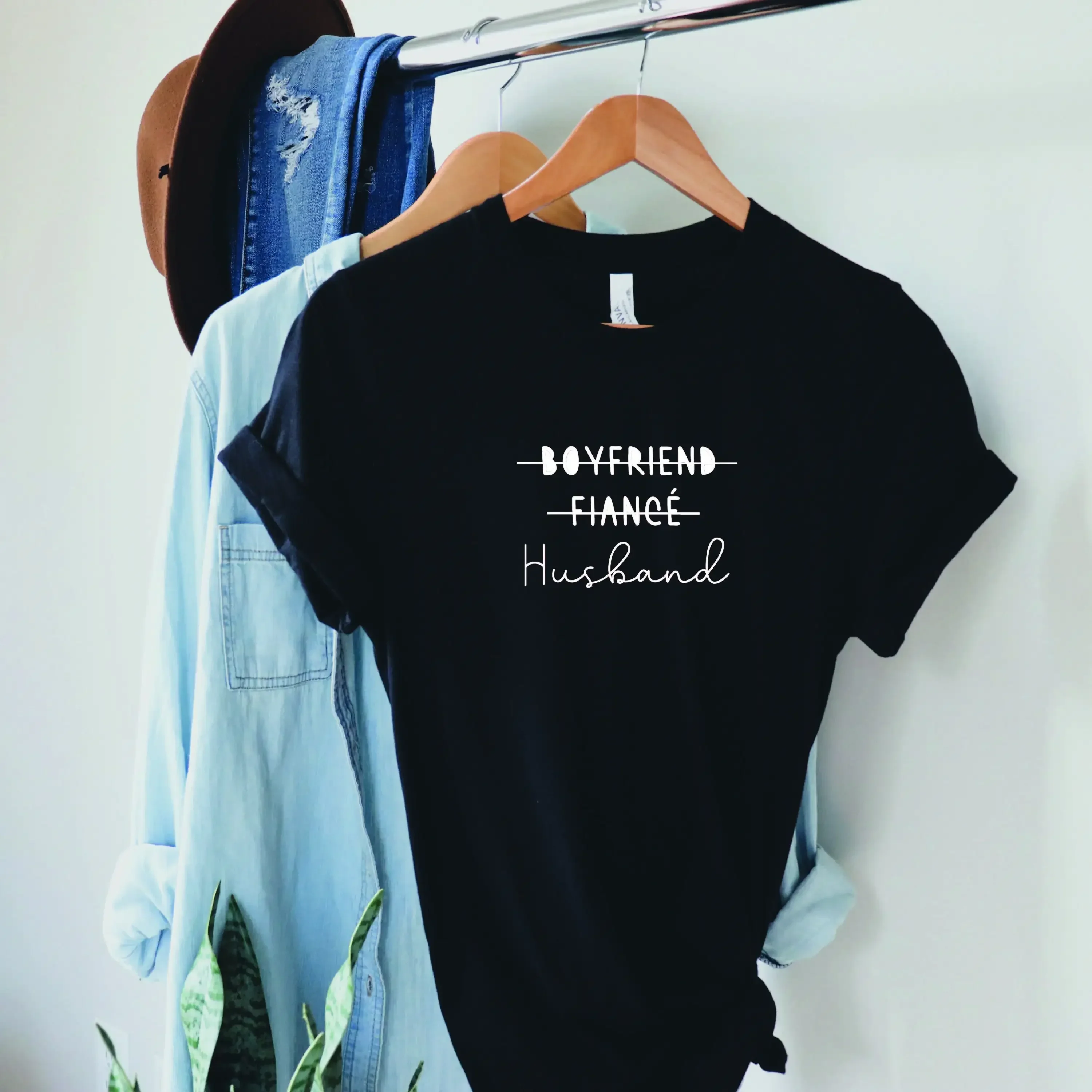 Boyfriend Fiance Husband T Shirt Just Married Honeymoon Girlfriend Fiancee Wife Cotton Anniversary 2Nd Hubs