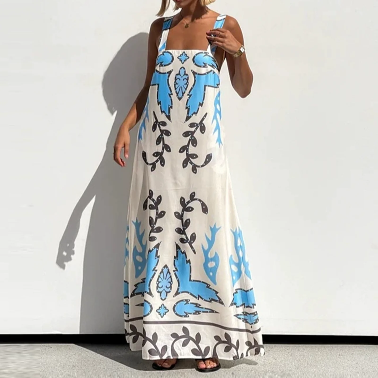 ใหม่สตรีฤดูร้อนยาว Cami ชุดเดรสแขนกุดสแควร์คอหลวม Floral Beach Dresses ขายร้อน S M L