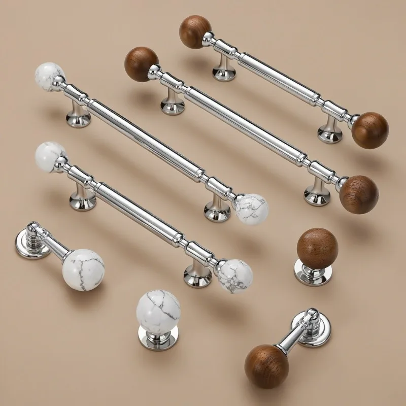 Luxuriöser Türgriff aus Messing und Walnuss, Griffe und Knöpfe in glänzendem Silber für Küchenschubladen / Weißer Dekorativer Knopf – Detail 1