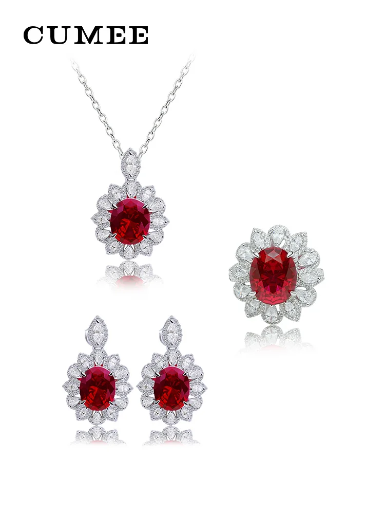 

CUMEE Classic Red Gemstone Cultivation Synthetic Ruby Ring Pendant Earring Set for Women 925 Silver Plated Gold
