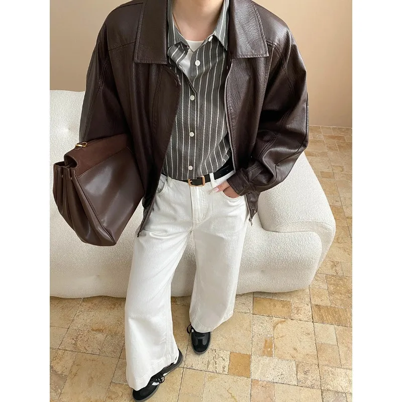 

2025 Ретро искусственная кожа с лацканами, свободная и тонкая кожаная куртка в европейском и американском стиле