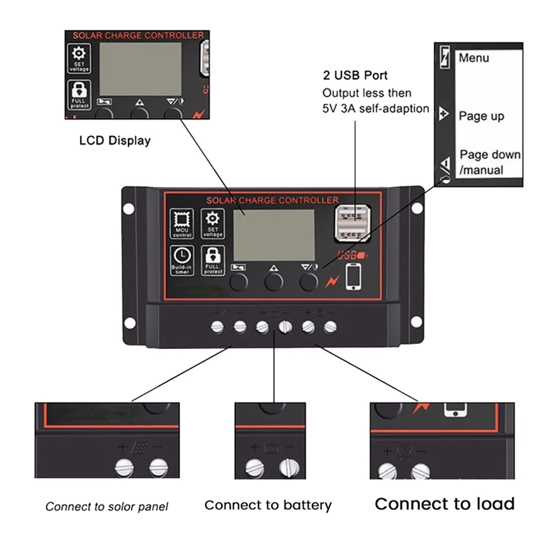 100A Kontroler ładowania słonecznego Kontroler panelu słonecznego 12V 24V Wyświetlacz LCD Regulator baterii panelu słonecznego z portem USB