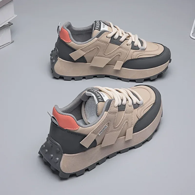 Tênis feminino versão coreana estudante sola grossa respiração conforto resistente ao desgaste rendas até carta sapatos casuais forrest gump sapatos