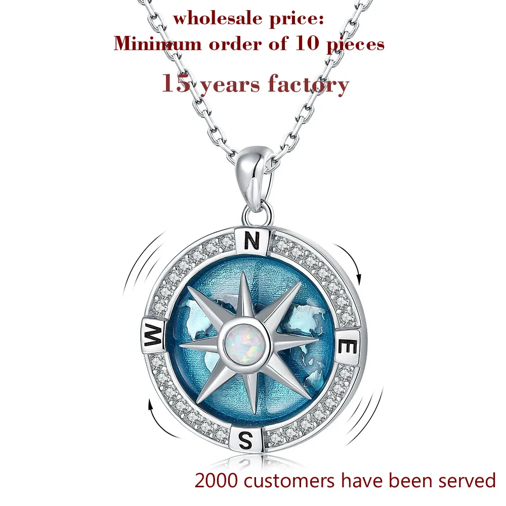 

925 Sterling Silver Navy Travel-Map Rotatable Compass Necklace Inspirational Nautical Dream Opal Pendant Jewelry Gifts for Women