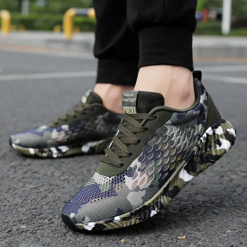 Big Size 45 Men Casual Shoes Light Breathable Mesh Shoes Men Sneakers Lace-Up Camouflage green Outdoor Walking Mans Footwear