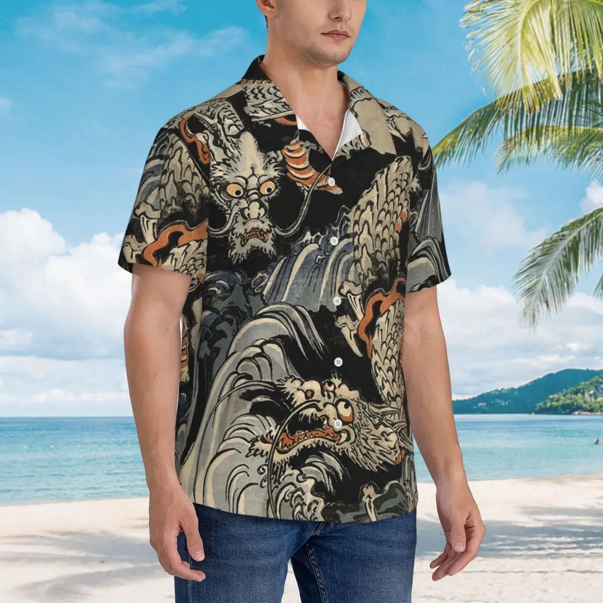 

Utagawa Kuniyoshi - Dragons Hawaiian Shirts Fashion Men Short Sleeve Shirt for Summer Beach Men's Button Tops