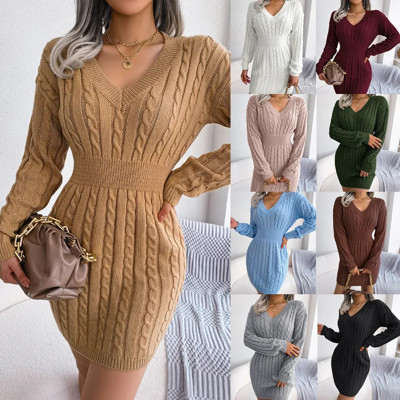 Ins-Style, echte Fotos, Herbst- und Wintermode, tailliertes, verdrehtes Wickelkleid, Strickkleid, Damenbekleidung