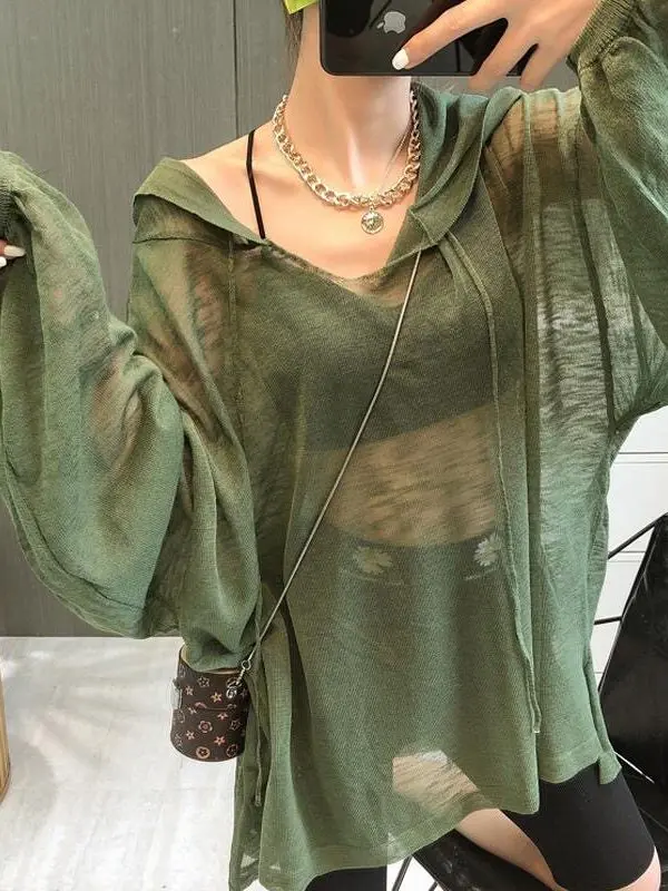 plus Size 300 Pounds Hooded Long Sleeve Women's Sun Protection Cover up Loose Fit Fashionable Trendy Versatile Top