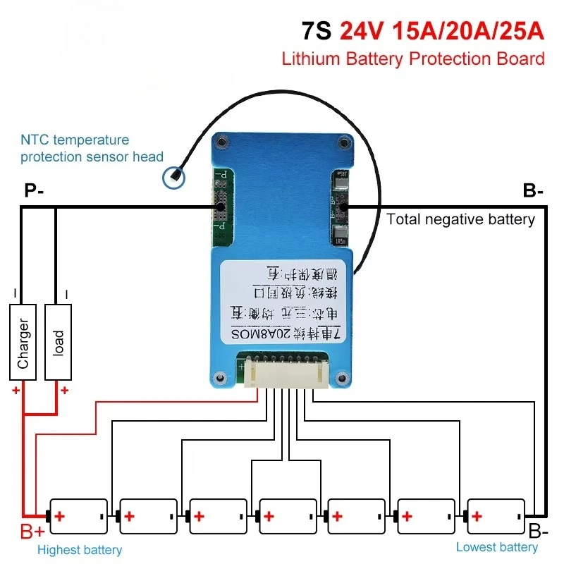 BMS 7S 24V 15A 20A 25A  Li-ion Lmo Ternary Lithium 18650 Battery Charge Protection Board Balance And NTC Temperature Protect