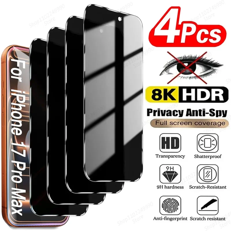 

4PCS AntiSpy Tempered Glass For iPhone 17 Pro Max Air Screen Protector For iPhone 16 Pro Max 14 15 Plus 13 12 Mini 11 16E Glass