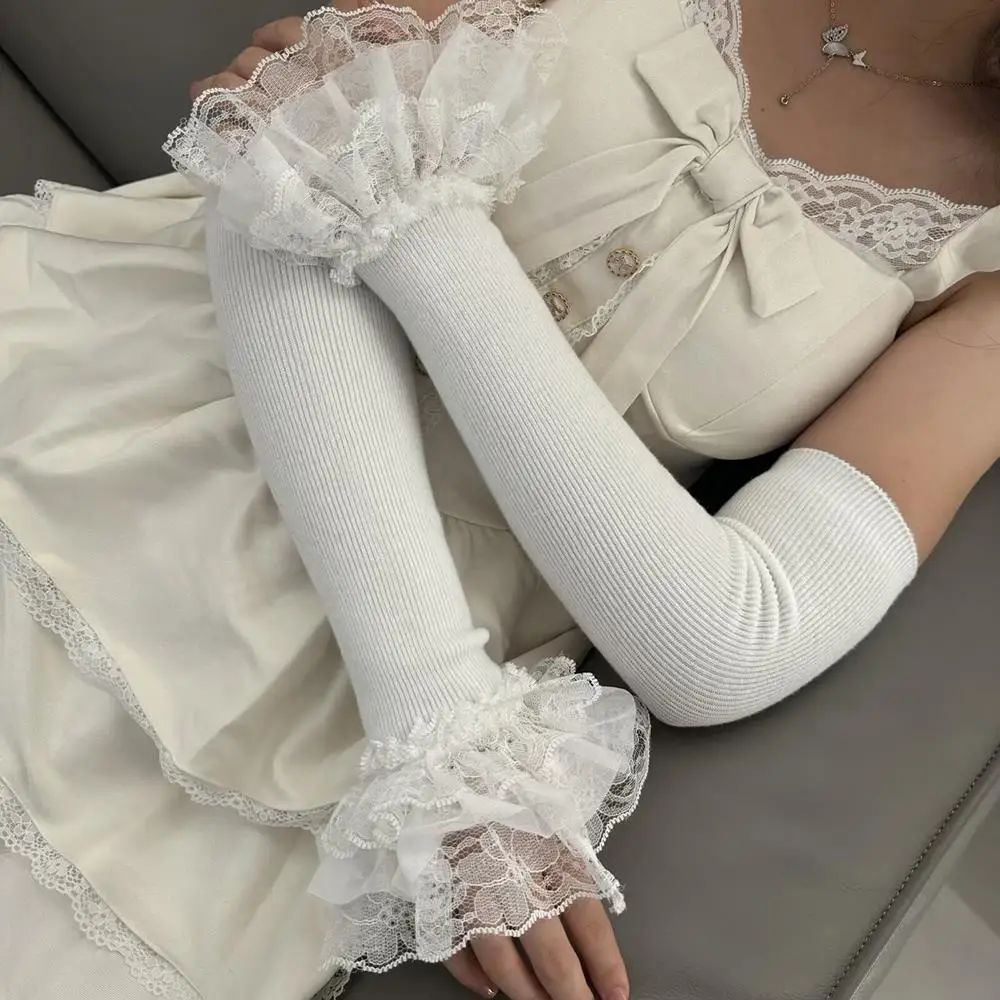 

Winter Warm Long Sleeves Y2K Lolita Lace Floral Detachable Cuff knitted Patchwork Long Arm Warmers Sweater Blouse Wrist sleeves