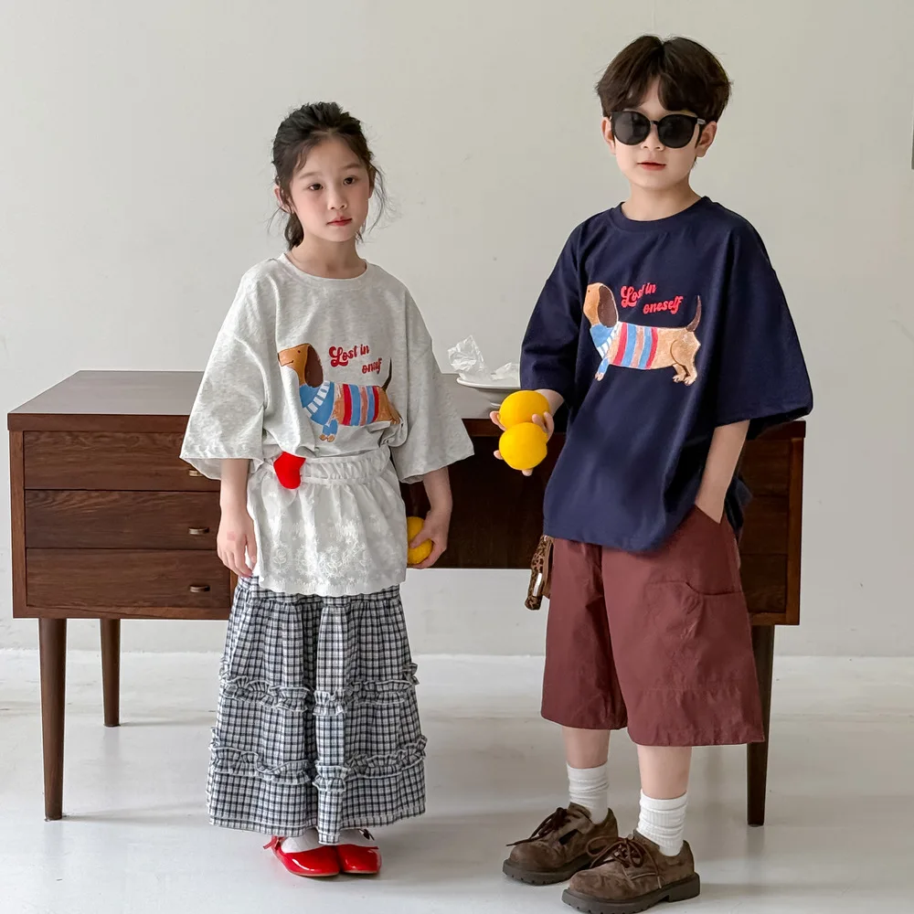 

Children's T-shirt 2025 summer boys and girls Korean version of cartoon letter printing short-sleeved children's round neck casu