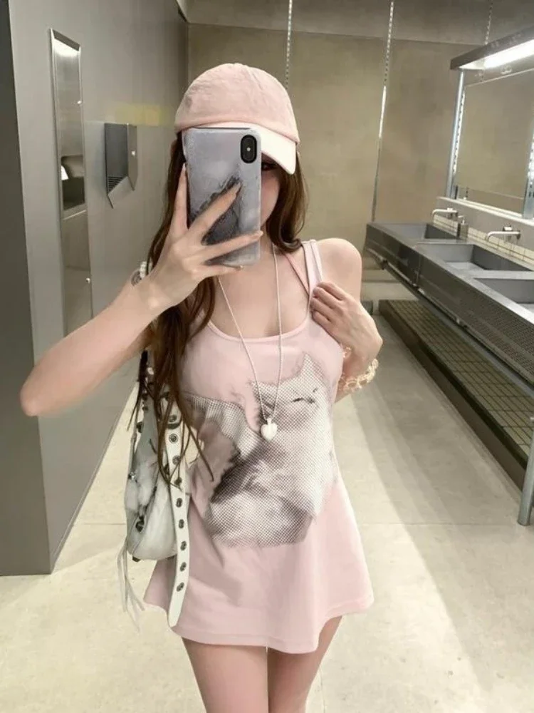 فستان صيفي قصير بطباعة لطيفة كاواي فساتين y2k الجمالية بدون أكمام غير الرسمية، ملابس الشارع الشهير، فساتين الجرونج #1