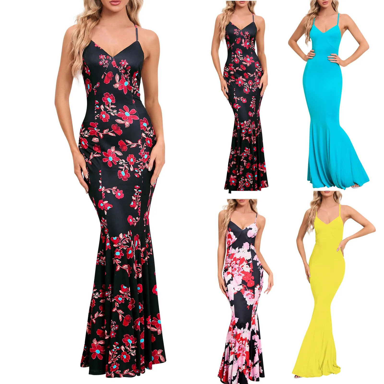 Vestido maxi estampado floral boêmio feminino, saia com cinta de espaguete, vestido de baile sexy, vestido de noiva, vestidos de festa