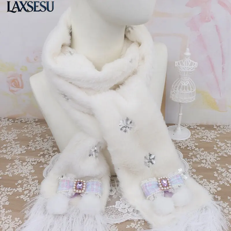 Winter Women's Scarves Japanese Mass Production Warm Scarf Femme Sweet Sequins Snowflake Embroidery Bow Girl's Scarf