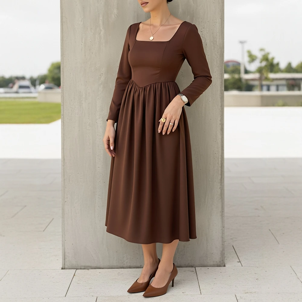 겨울 가을 슬림핏 미디 드레스 라운드 넥 스트레이트 슬리브 캐주얼 스타일 여성 스커트 타입 드레스 패셔너블 엘레강트