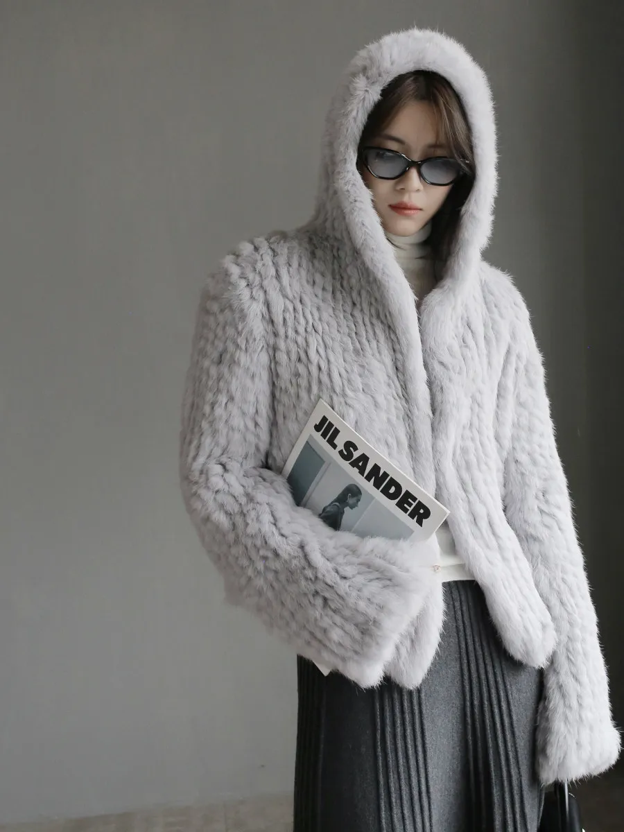 Long Sleeve Casual Loose Knitted Real Rabbit Fur Hooded Coat Women Genuine Natural Rabbit Fur Outwear Female Fur Jacket
