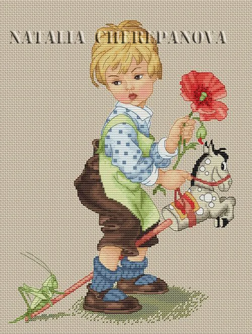 Kit de Broderie Point de Croix sur Toile 14CT - 15-A Petit Garçon à Chevaucher un Cheval à Dents - Ensemble de Broderie Point de Croix 33-41