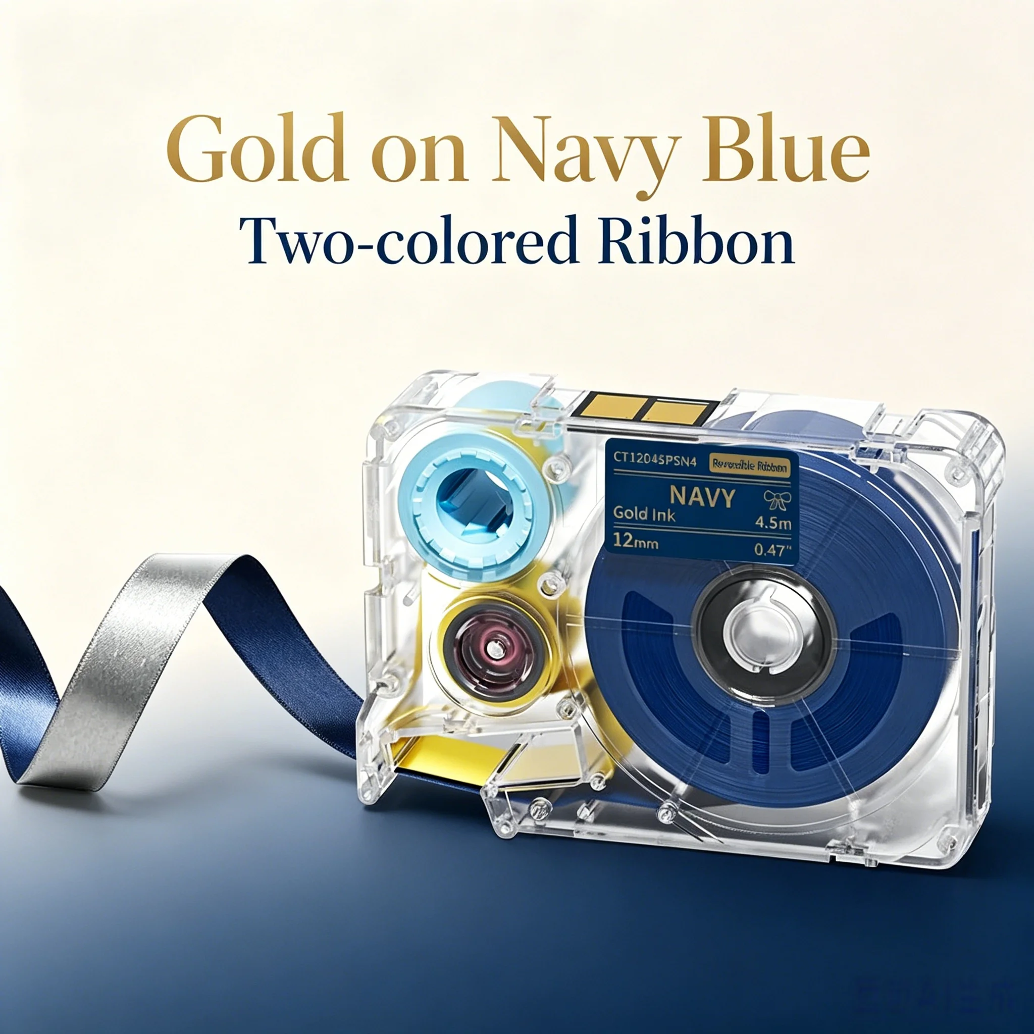 Phomemo A30 P15 12mm x 4,5m Doppelseitiges Satinband – Marineblau mit Golddruck + Silberrückseite, Satinbänder zum Geschenkverpacken