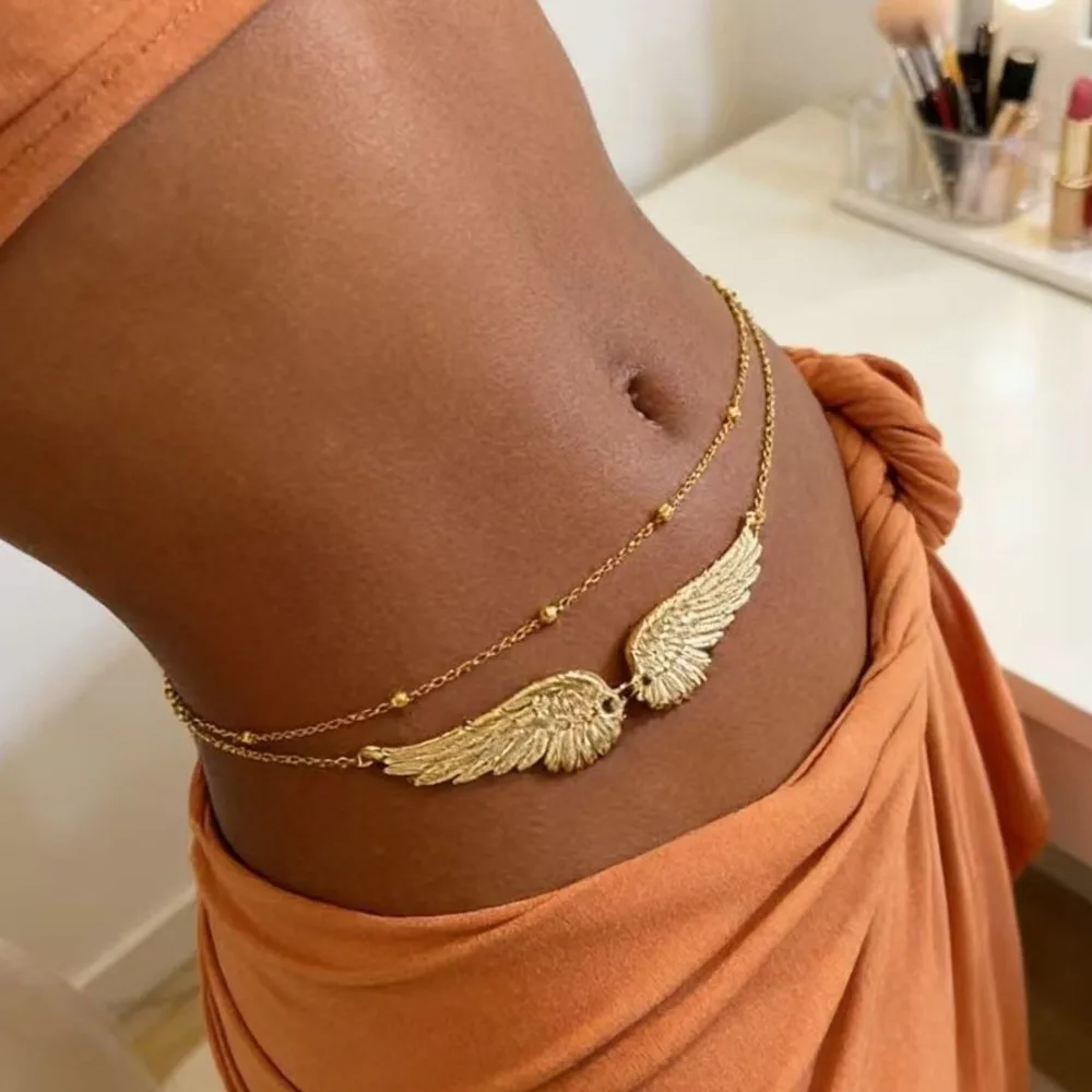 New Double Layer Angel Wings Waist Chain Metal Beads Waistband Body Chain Adjustable Bohemian Style Belt Beach