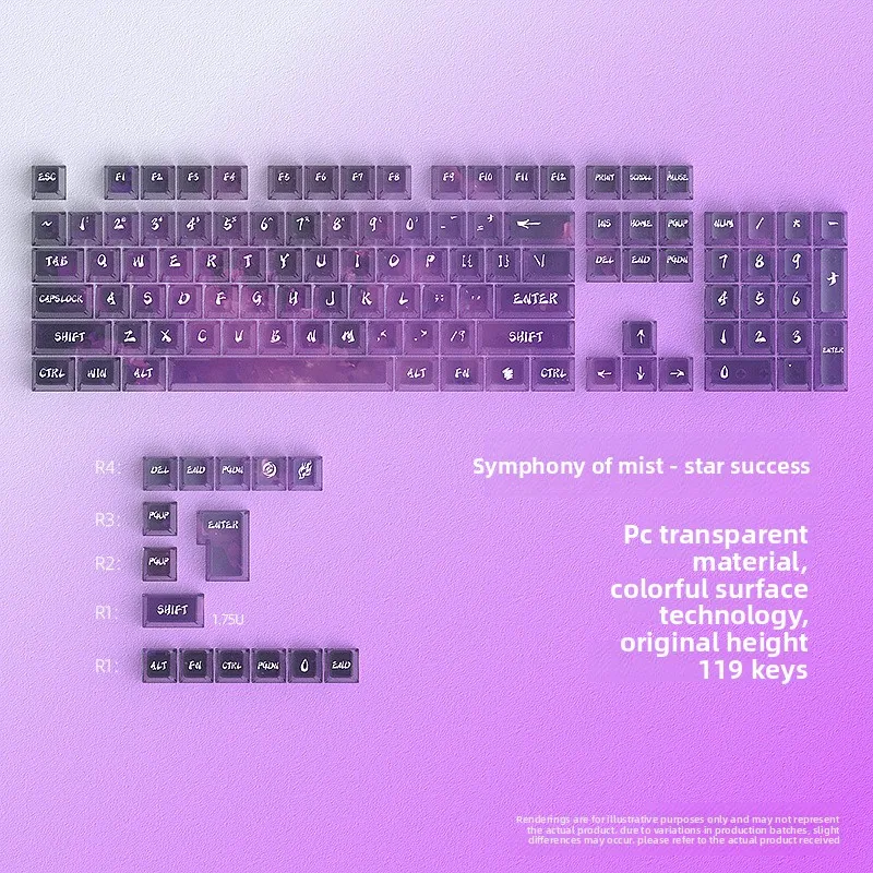 

Rainbow Iridescent Mist & Starry Nebula PC Transparent Keycaps 119PCS Mini Full Set OEM Profile