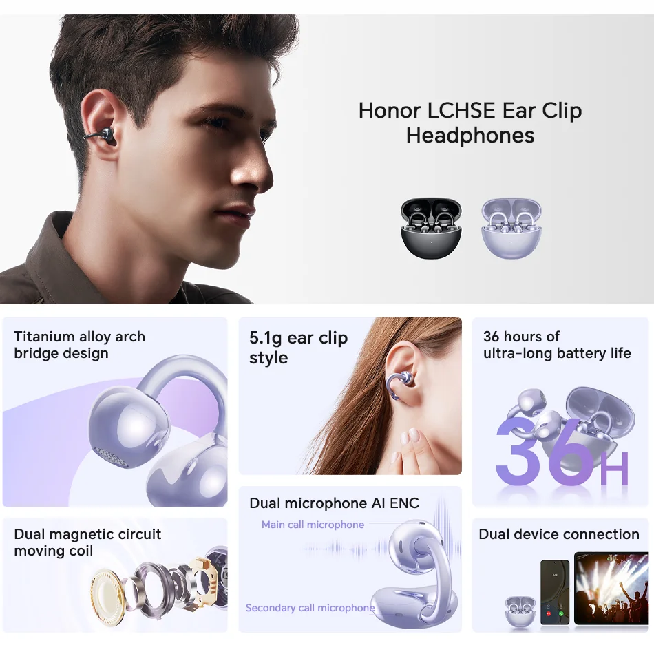 Honor LCHSE Clip On Headphones Bluetooth Earphone Three-Mic AI ENC True Wireless Headphone 36 Hour Battery Life IP54 HIFI 5