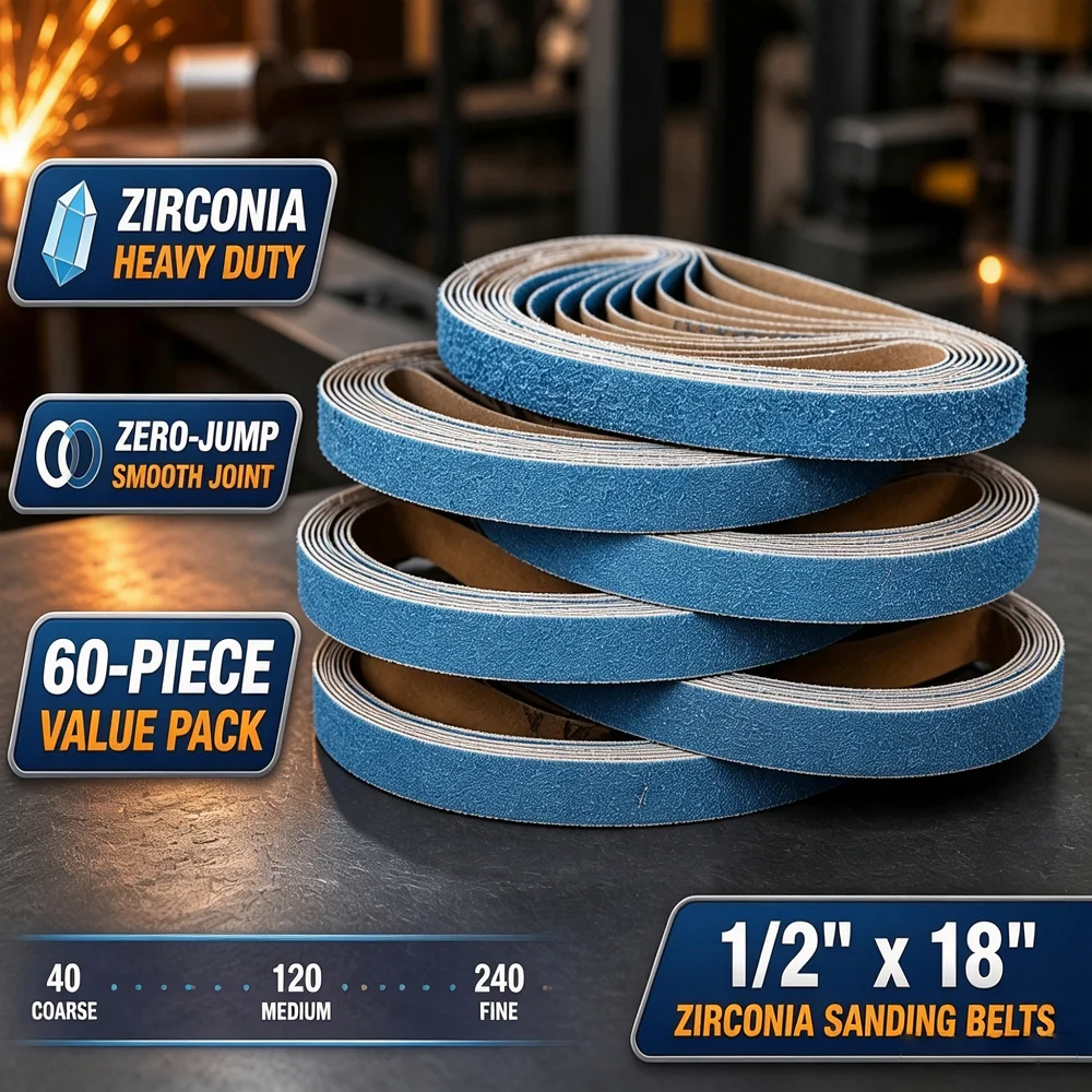 Zirconia Sanding Belts 1/2 x 18 Inch 60 Pack Assorted Grit 40 to 240 Heavy Duty Waterproof Sander Paper for Metal Wood Knife