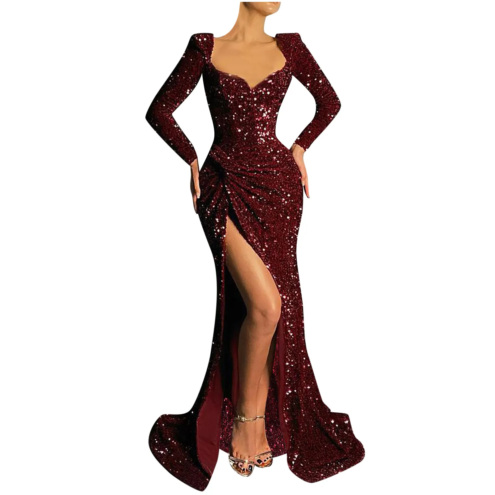 Women's Formal Dresses Long Sleeve V Neck Ruched Side Slit Glitter Sparkly Sequin Red Dress Elegant Party Dress платья женское