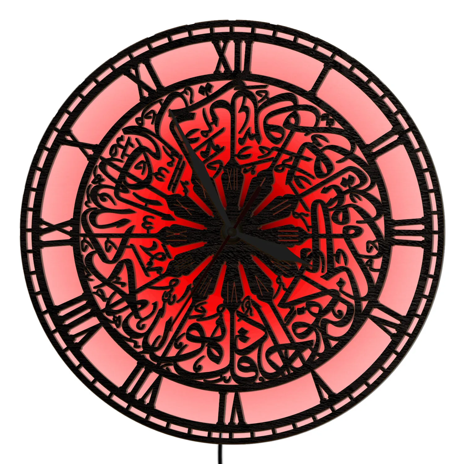Arabic Calligraphy Wooden Mandala Wall Clock with Color Changing LED Light For Prayer Room Eid Ramadan Decorative Light Up Clock