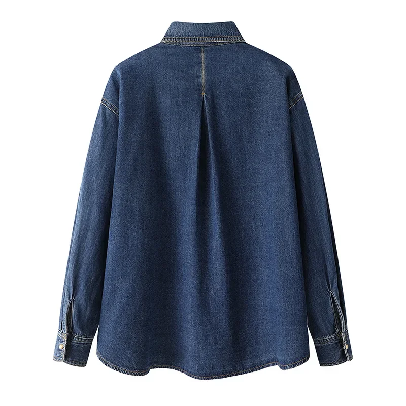 المرأة قميص دينيم معطف قميص بلوزة خمر واحدة الصدر رفض طوق جيوب غسلها 2025 مكتب سيدة سترة علوية