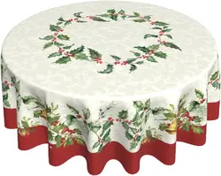 Merry Christmas Round Tablecloths 60 Inch Winter Gold Green Table Cloth Polyester Fabric Table Cover for Kitchen Indoor Party