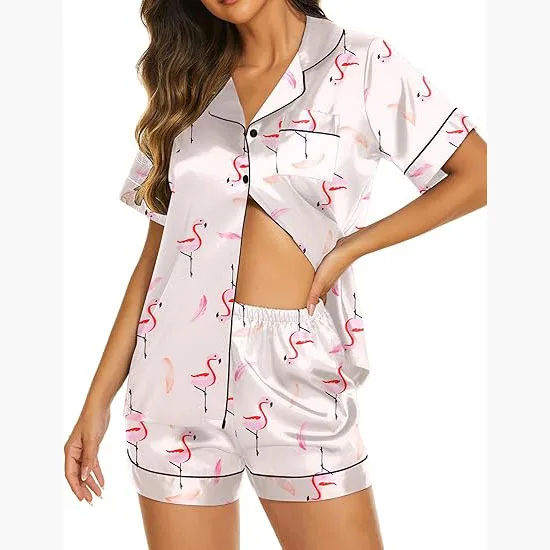 Ropa de dormir para mujer, conjunto de pijama con estampado de flamenco y cuello de solapa, Top con botones de manga corta y pantalones cortos elásticos, ropa de dormir