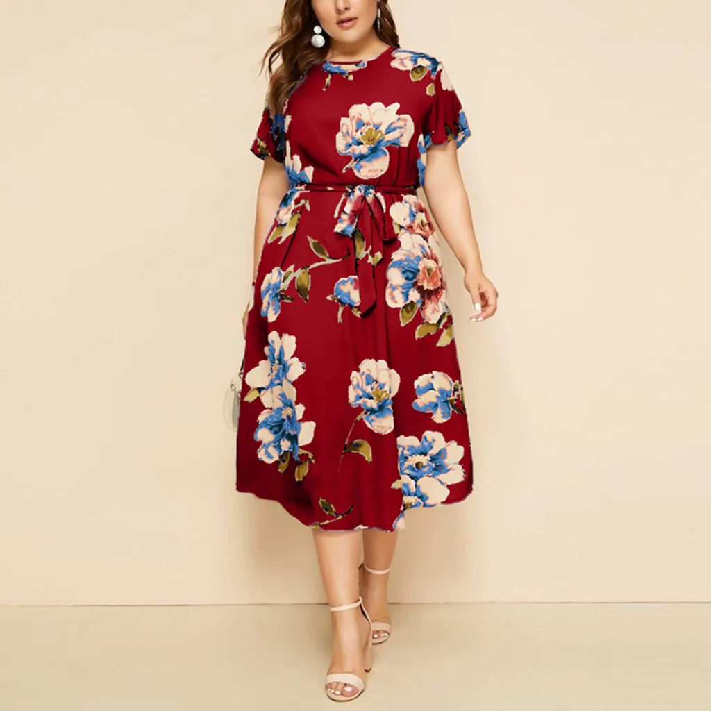 

Women'S Casual Plus Size Dress O-Neck Short Sleeve Print Waist Strap Dresses Temperament Elegant Party Dresses For Women 2023