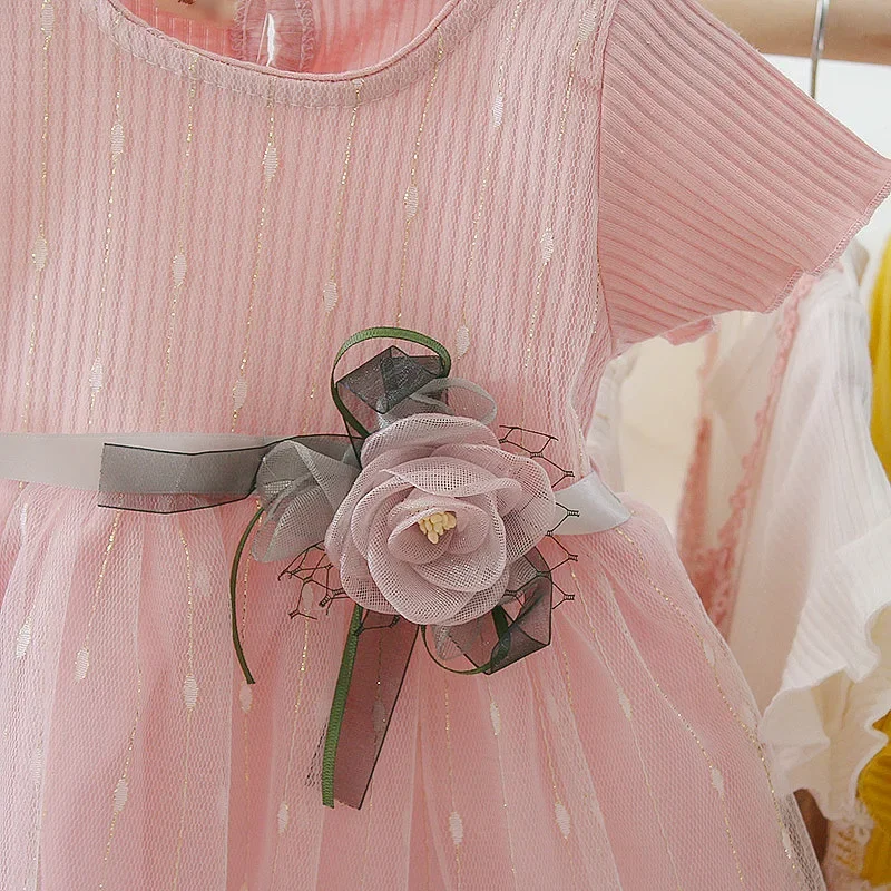 Summer New Baby Girls Dress Sweet Princess Dress Flower Ribbon Mesh Shaggy Gauze Dress Birthday Party Dress