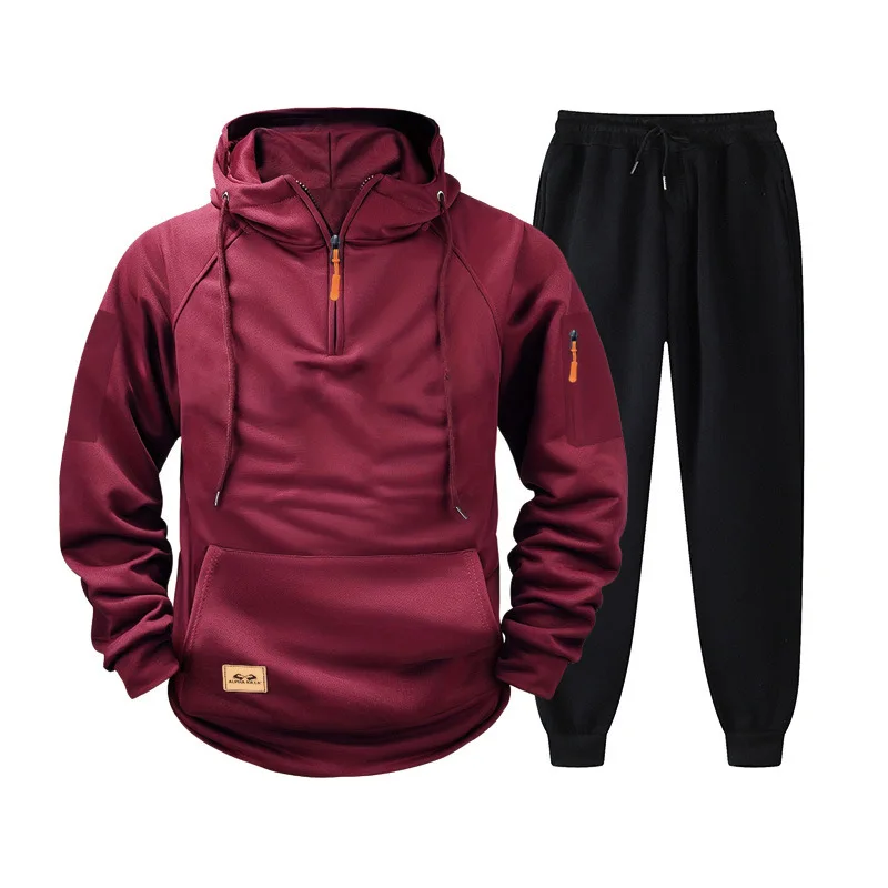 Cross-border new men\'s casual suit autumn and winter plus velvet arm zipper hoodie fashion personality sports pants + hoodie